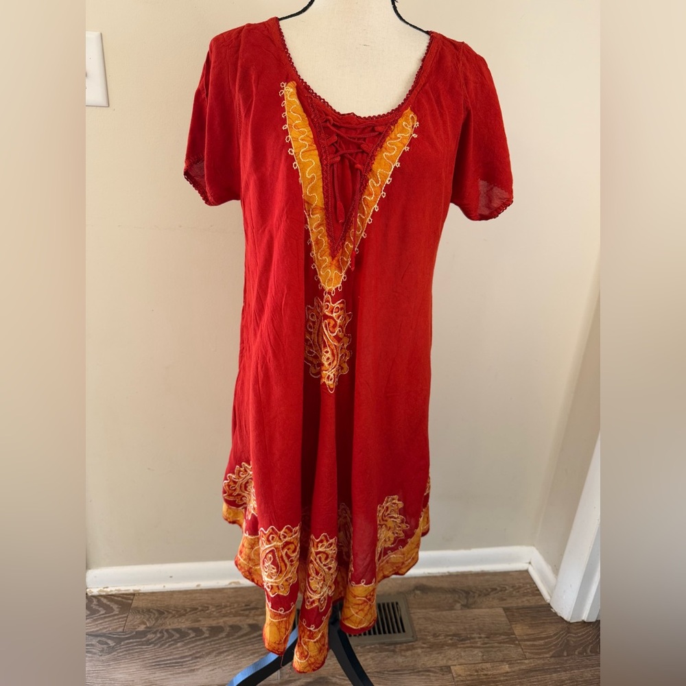 S.R. Fashions red embroidered gauzy midi dress free size
